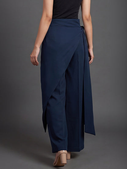 Navy Blue Draped Wrap Wide Leg Trousers with Tie Detail