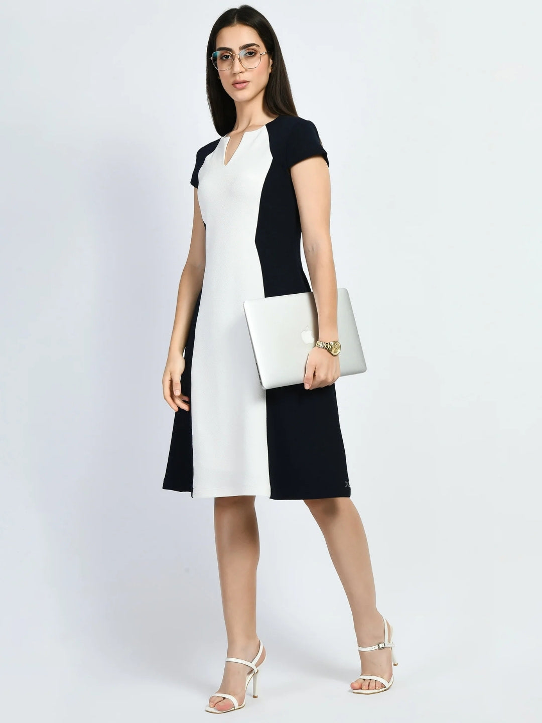 Exude Awe Colour-blocked Sculpt A-line Dress Navy Dresses
