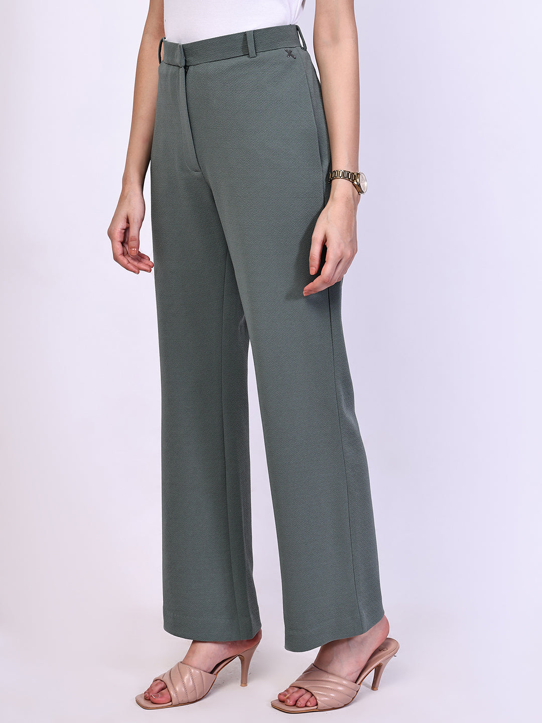 Exude Timeless Threads Straight Fit Trousers with Pockets Pista Green Trousers