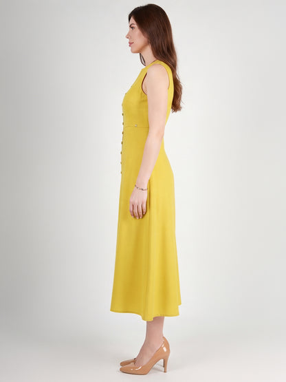 Exude Glowing Front Button Dress With Pockets (Lime Green)