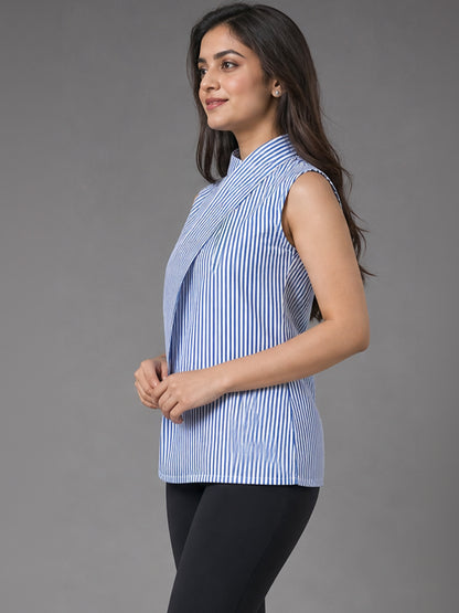 Blue &amp; White Stripe Sleeveless Wrap Collar Top