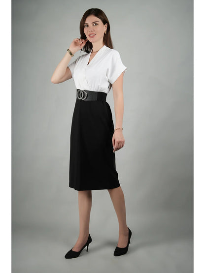 Exude Sparkling Color Block Blouson Dress With Belt Black Dresses