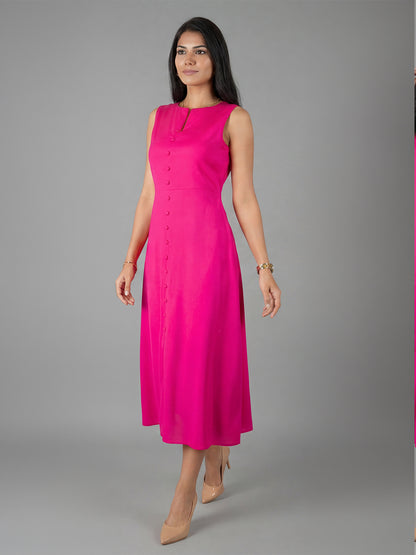 Exude Glowing Front Button Dress With Pockets (Fuscia)