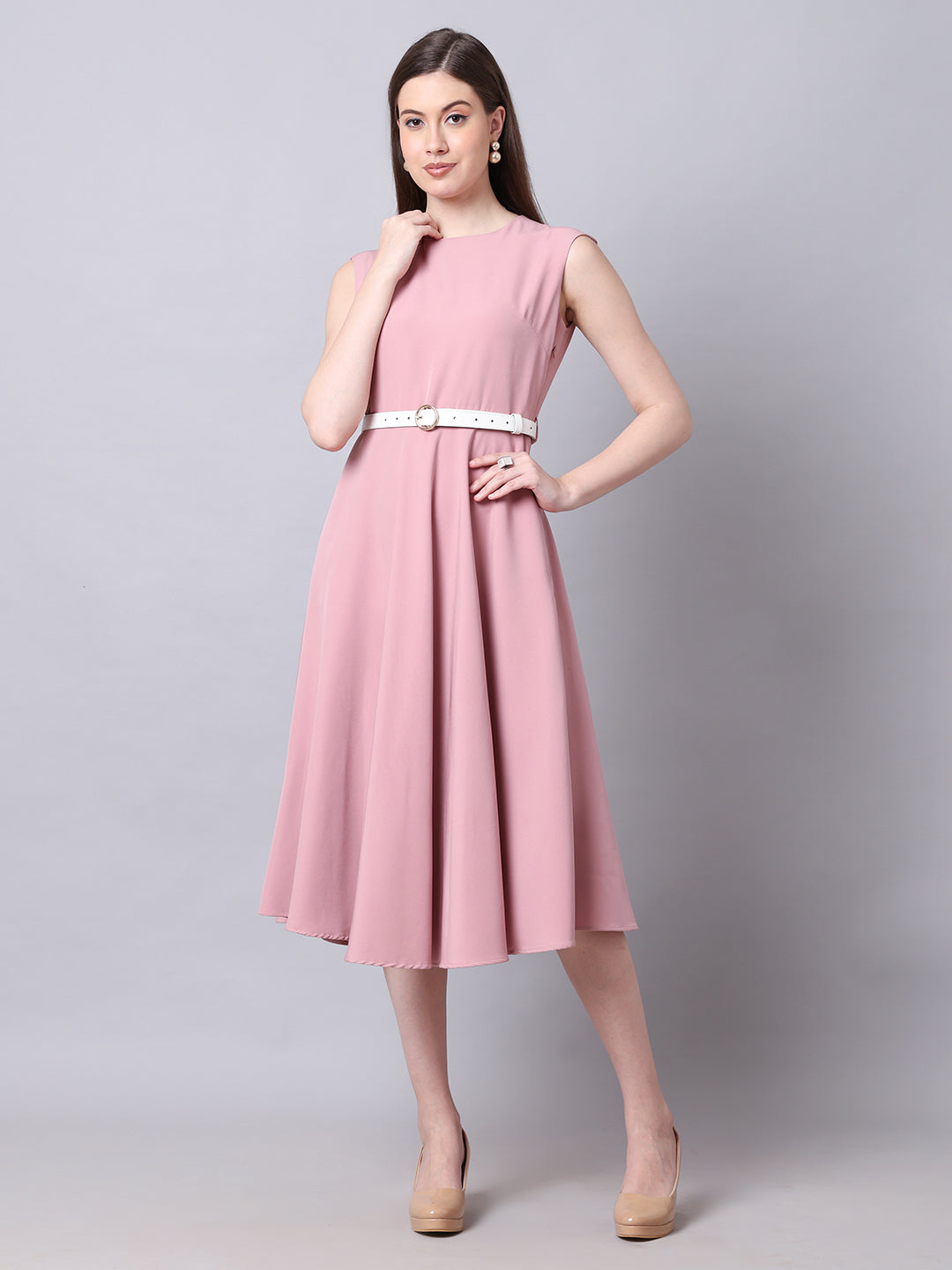 Exude Warmth Fit & Flare Dress with Belt (Blush Pink)