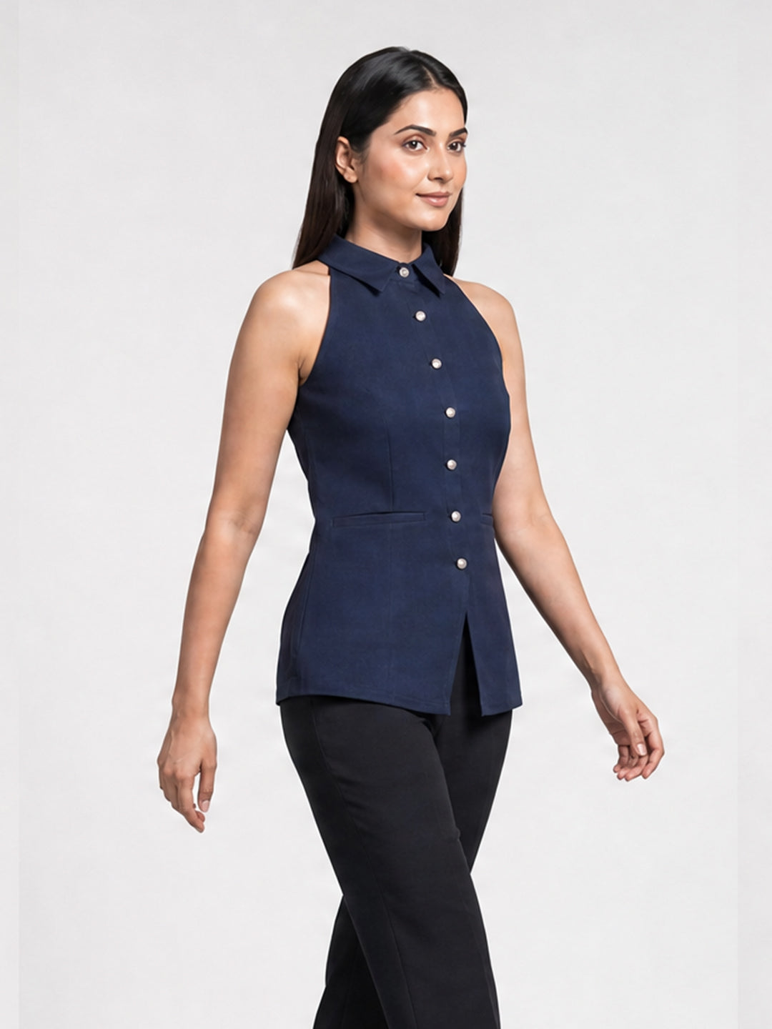 Navy Blue Halter Neck Button-Down Top