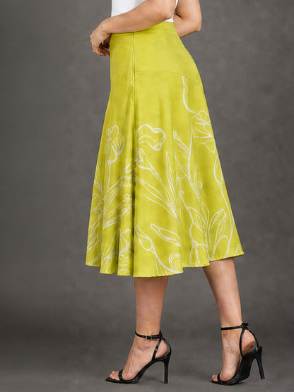Lime Green Floral Line Art A-Line Midi Skirt
