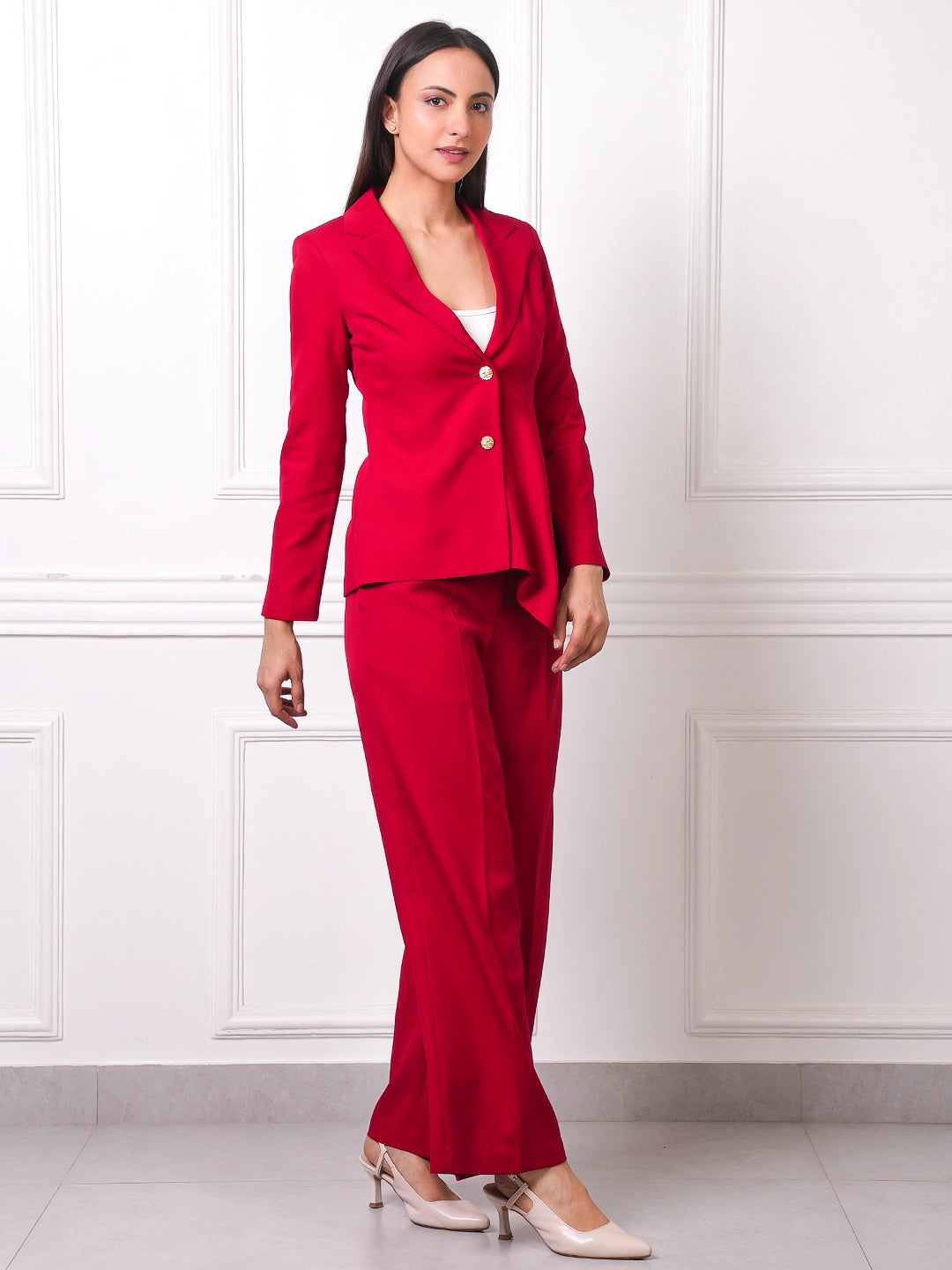 Red Peplum Blazer &amp; Wide-Leg Pants Co-ord Set