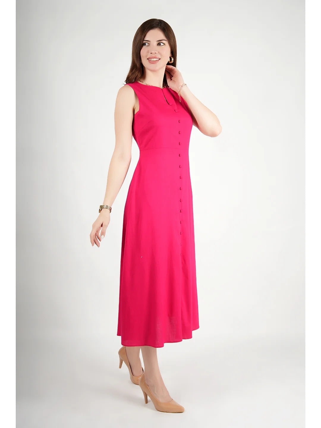 Exude Glowing Front Button Dress With Pockets Fuscia Dresses