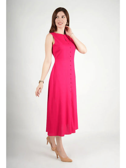 Exude Glowing Front Button Dress With Pockets Fuscia Dresses