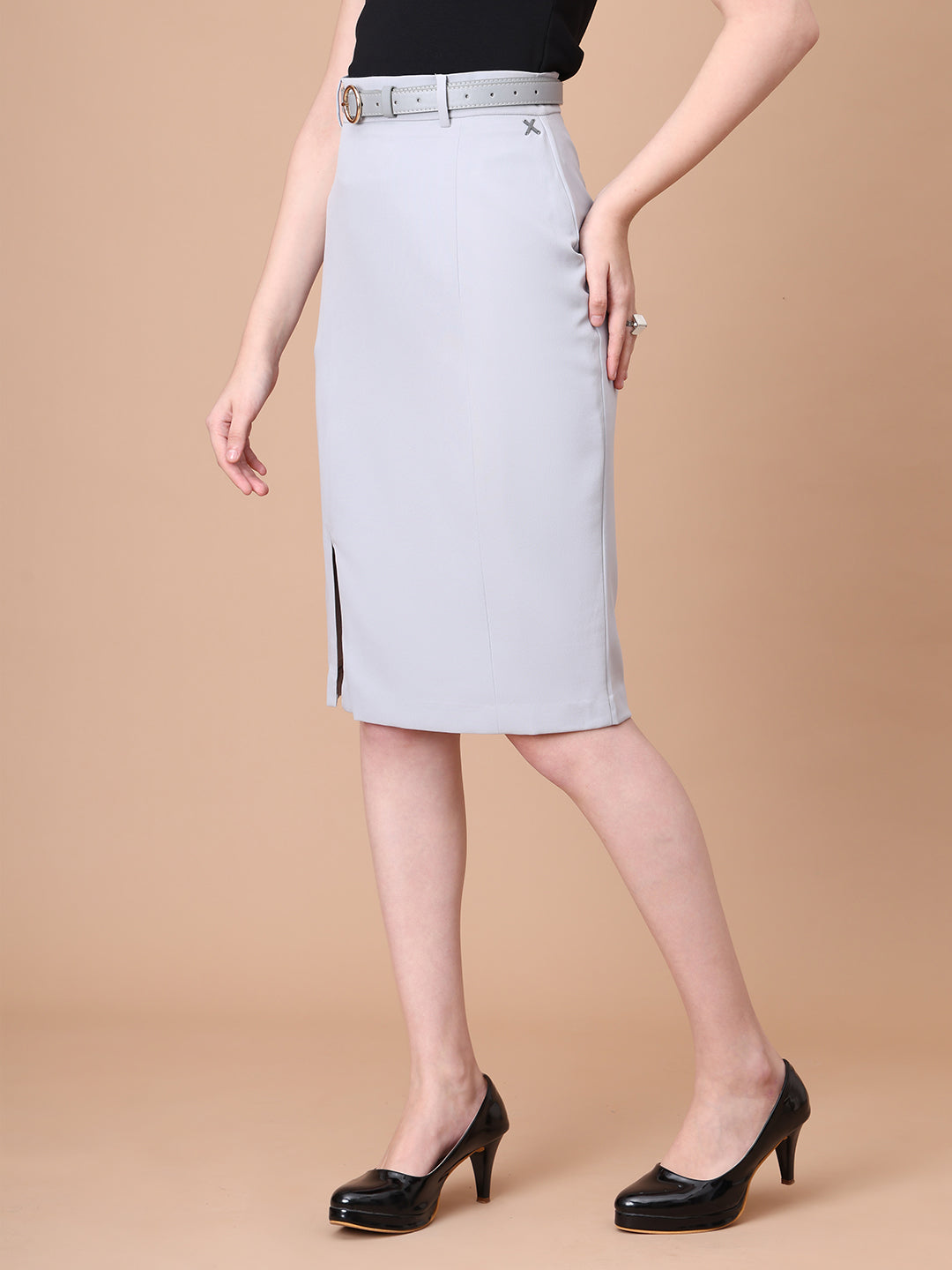 Exude Courageous Spirit Knee Length Front Slit Skirt with Belt (Grey)