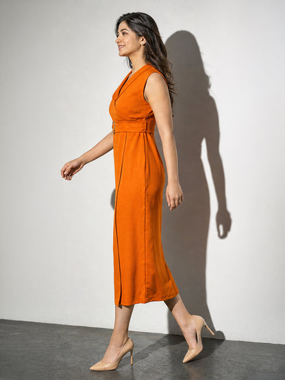 Rust Orange Belted Midi Sheath Dress with Lapel Neckline
