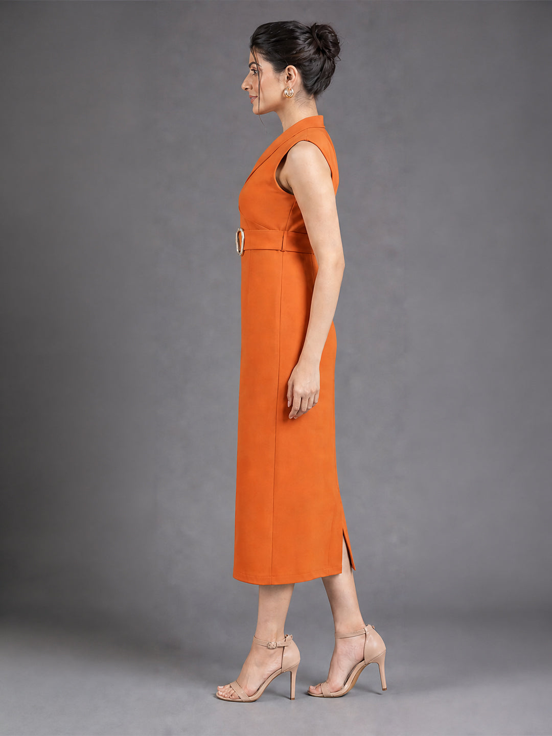 Rust Orange Belted Midi Sheath Dress with Lapel Neckline