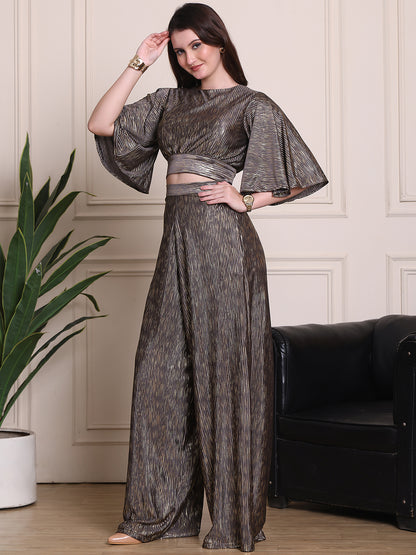 Exude Opulent Glow 2 Piece Cord, wide leg trouser with backless top with balloon sleeves, comes padded
