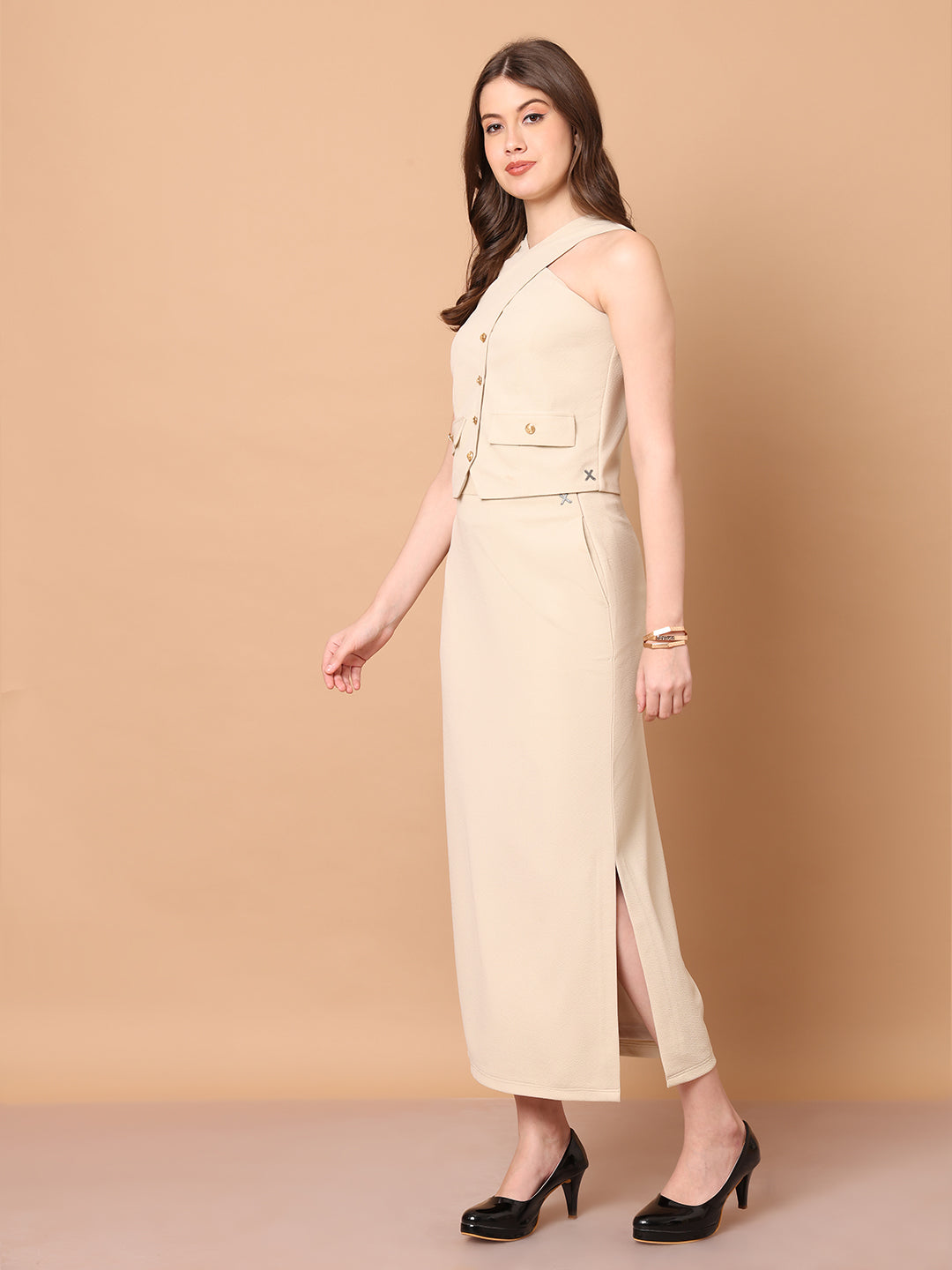 Exude Runway-Ready Long Skirt with Halter Top (Beige)