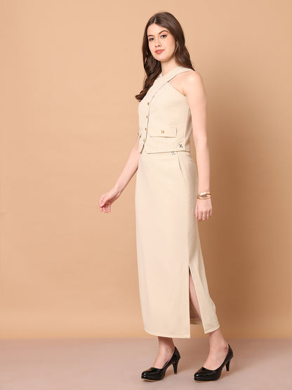 Exude Runway-Ready Long Skirt with Halter Top (Beige)