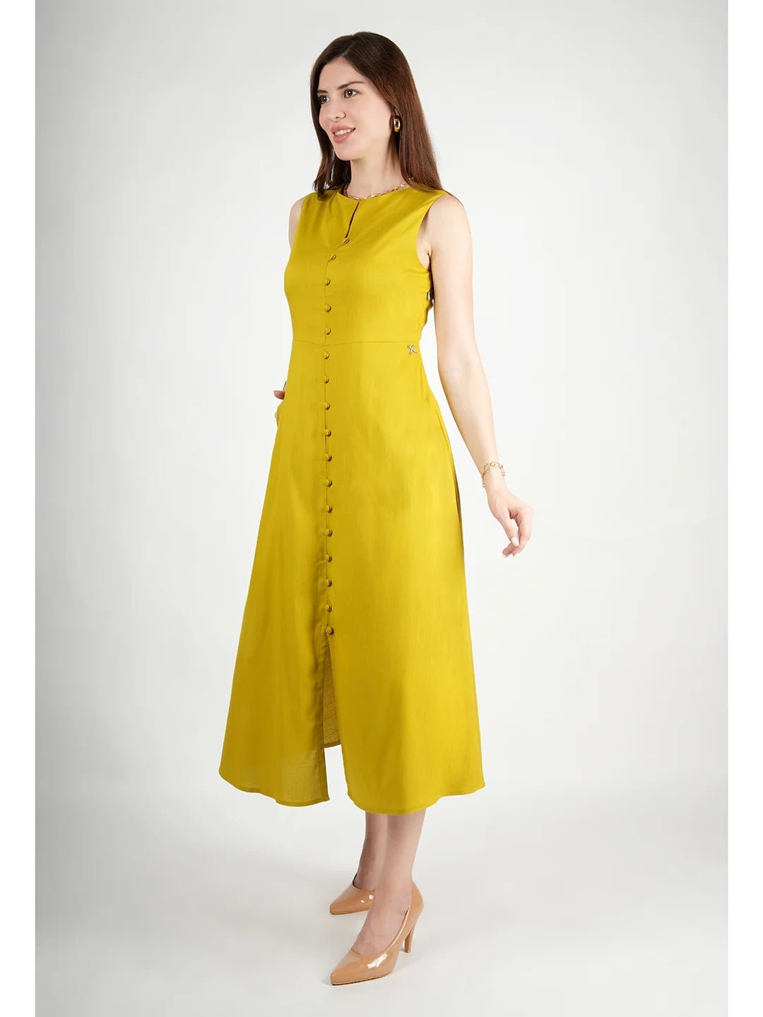 Exude Glowing Front Button Dress With Pockets Lime Green Dresses