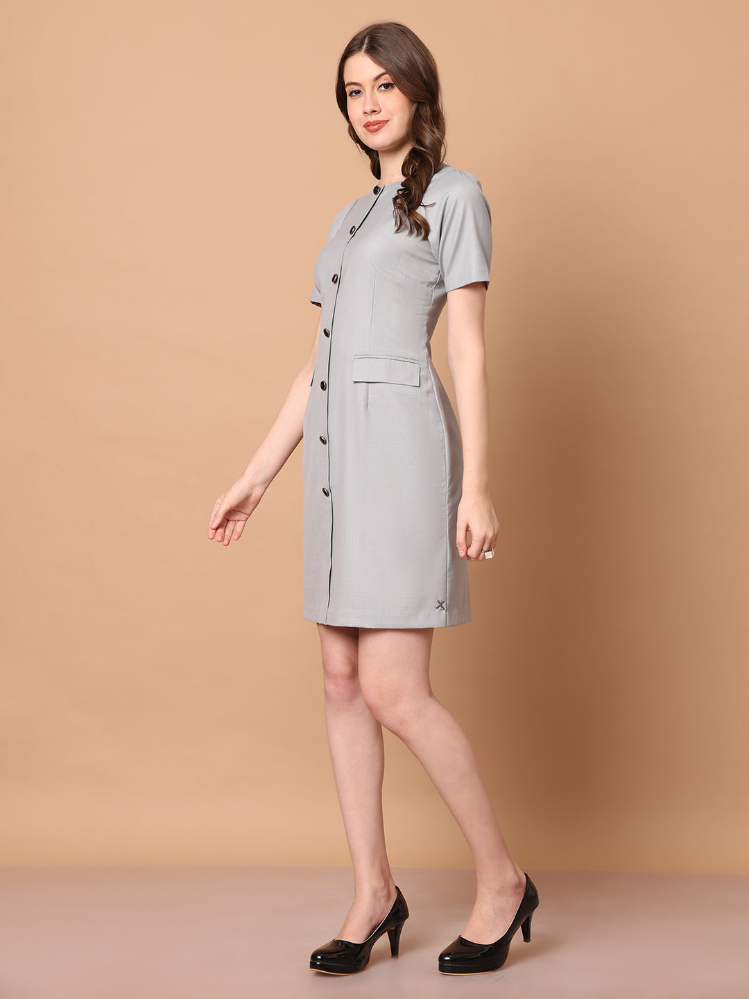 Exude Chic Revolution Suiting Fabric Front Button Shift Dress (Grey)