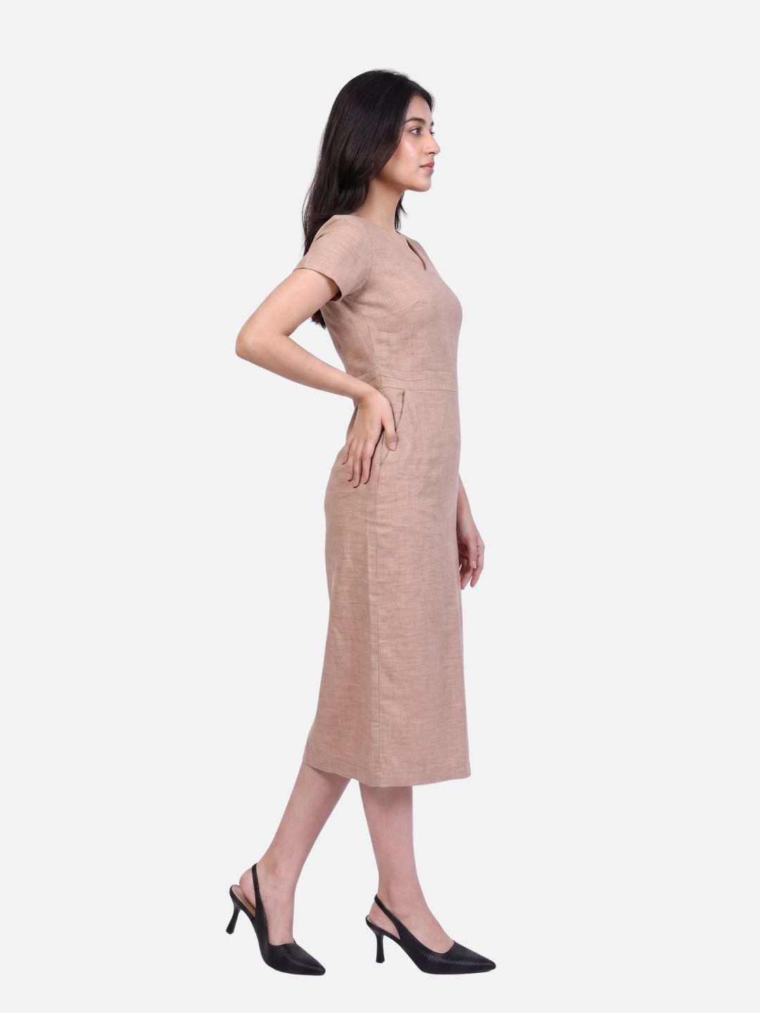Exude Composure Sheath Midi Dress (Beige)