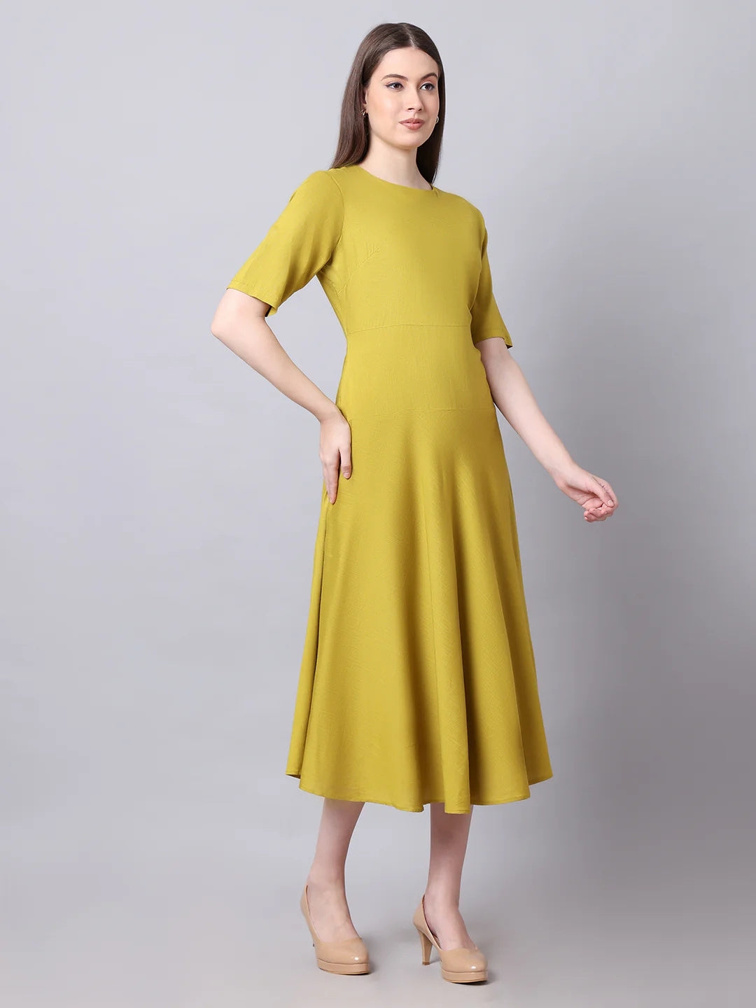 Exude Resilient Radiance Midi Flare Dress with Sleeves Lime Dresses