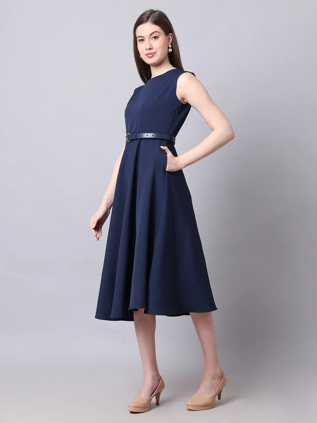 Exude Warmth Fit &amp; Flare Dress with Belt Navy Dresses