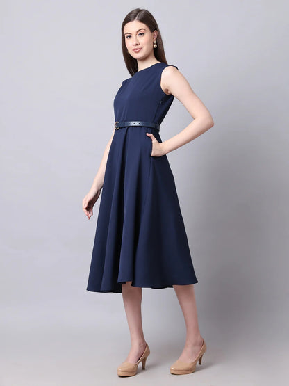 Exude Warmth Fit &amp; Flare Dress with Belt Navy Dresses