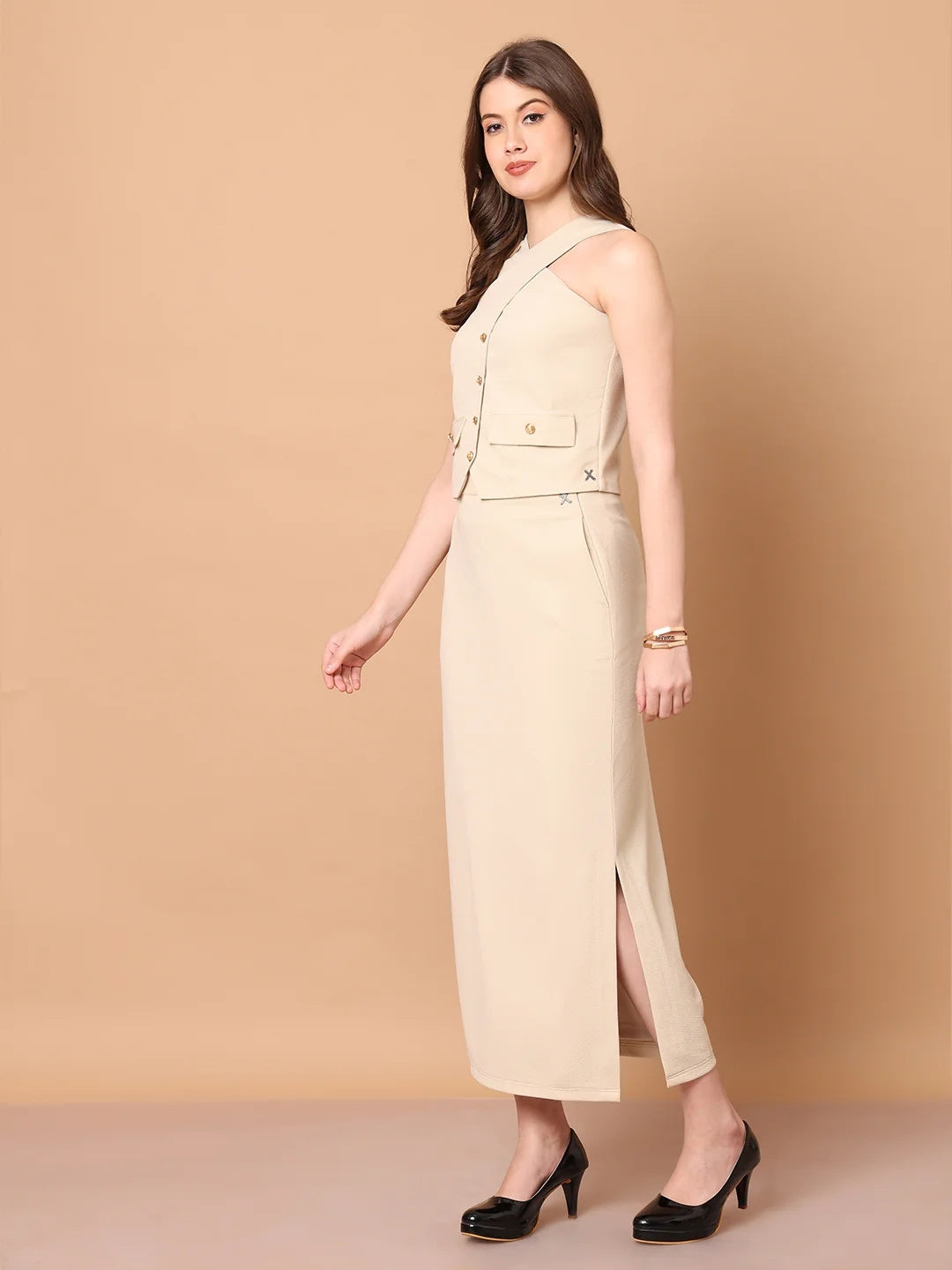 Exude Runway-Ready Long Skirt with Halter Top Beige Co-ord Sets