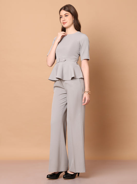 Exude Rise & Roar A-Line Top with Waist Detail, Paired With Matching Bootcut Trouser (Grey)