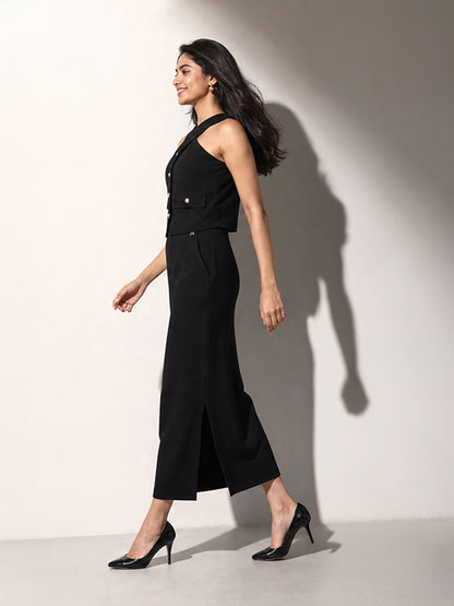 Exude Runway-Ready Long Skirt with Halter Top (Black)