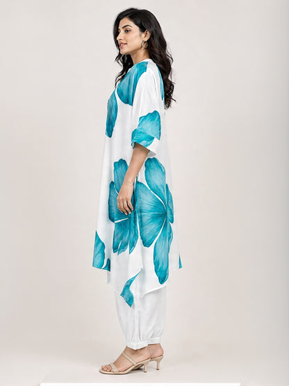 White &amp; Blue Floral Printed Kaftan Co-Ord Set