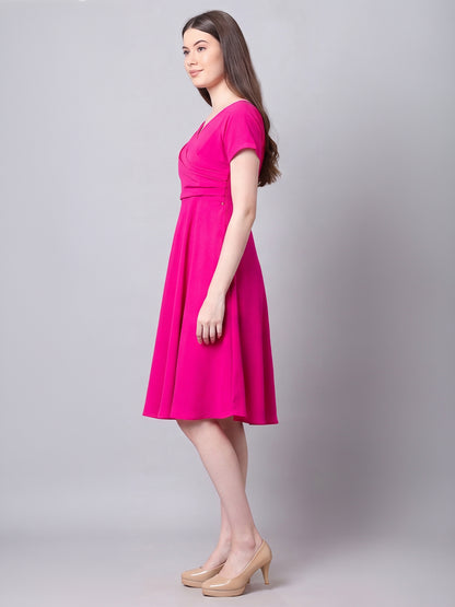 Exude Intrepid V-Neck Front Pleat Dress with Pockets (Fuchsia)