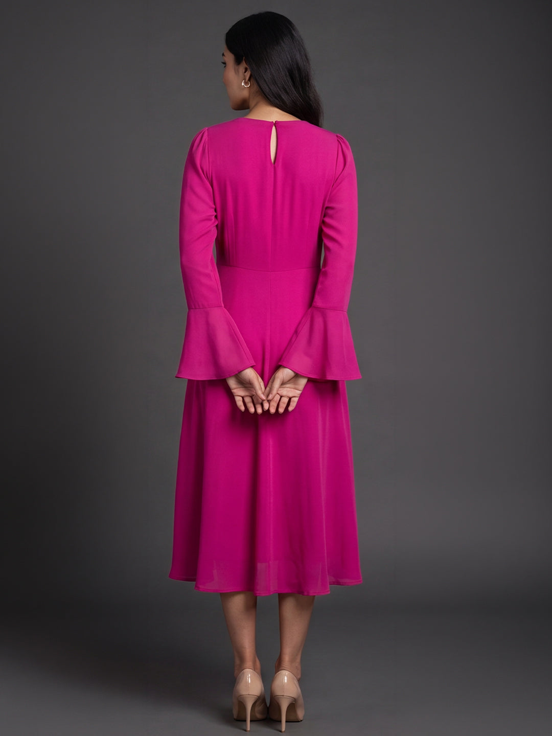 Exude Gleaming Fit &amp; Flare Dress with Long Sleeves (Rosy Pink)