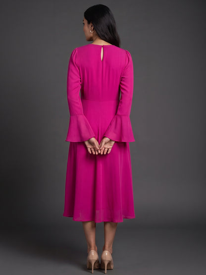 Exude Gleaming Fit &amp; Flare Dress with Long Sleeves (Rosy Pink)