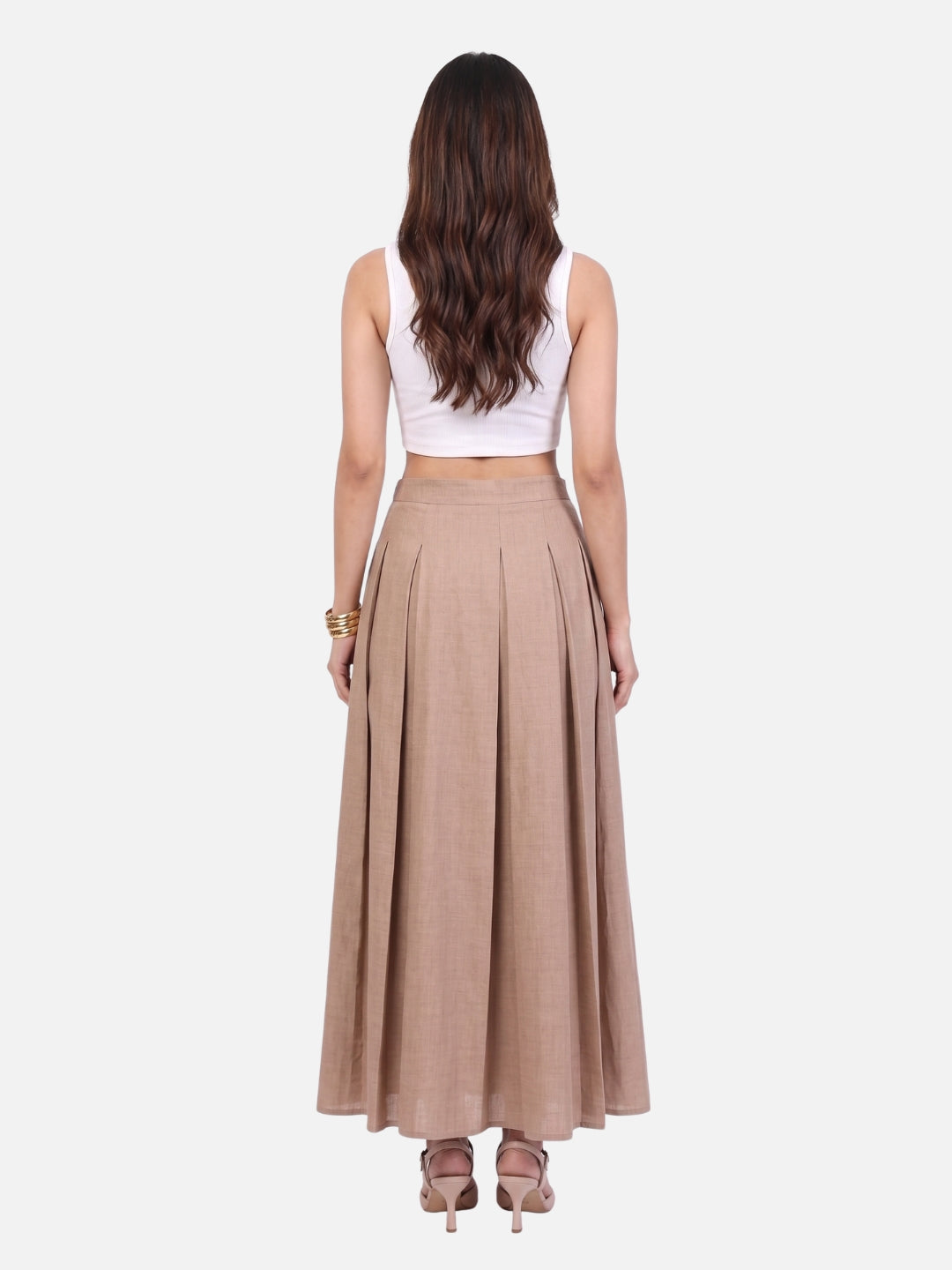 Beige Linen Pleated A-Line Maxi Skirt