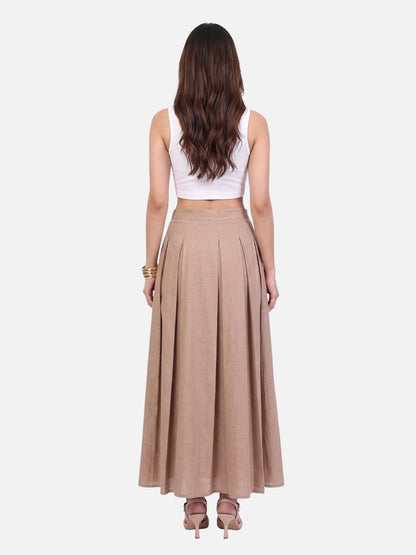Beige Linen Pleated A-Line Maxi Skirt
