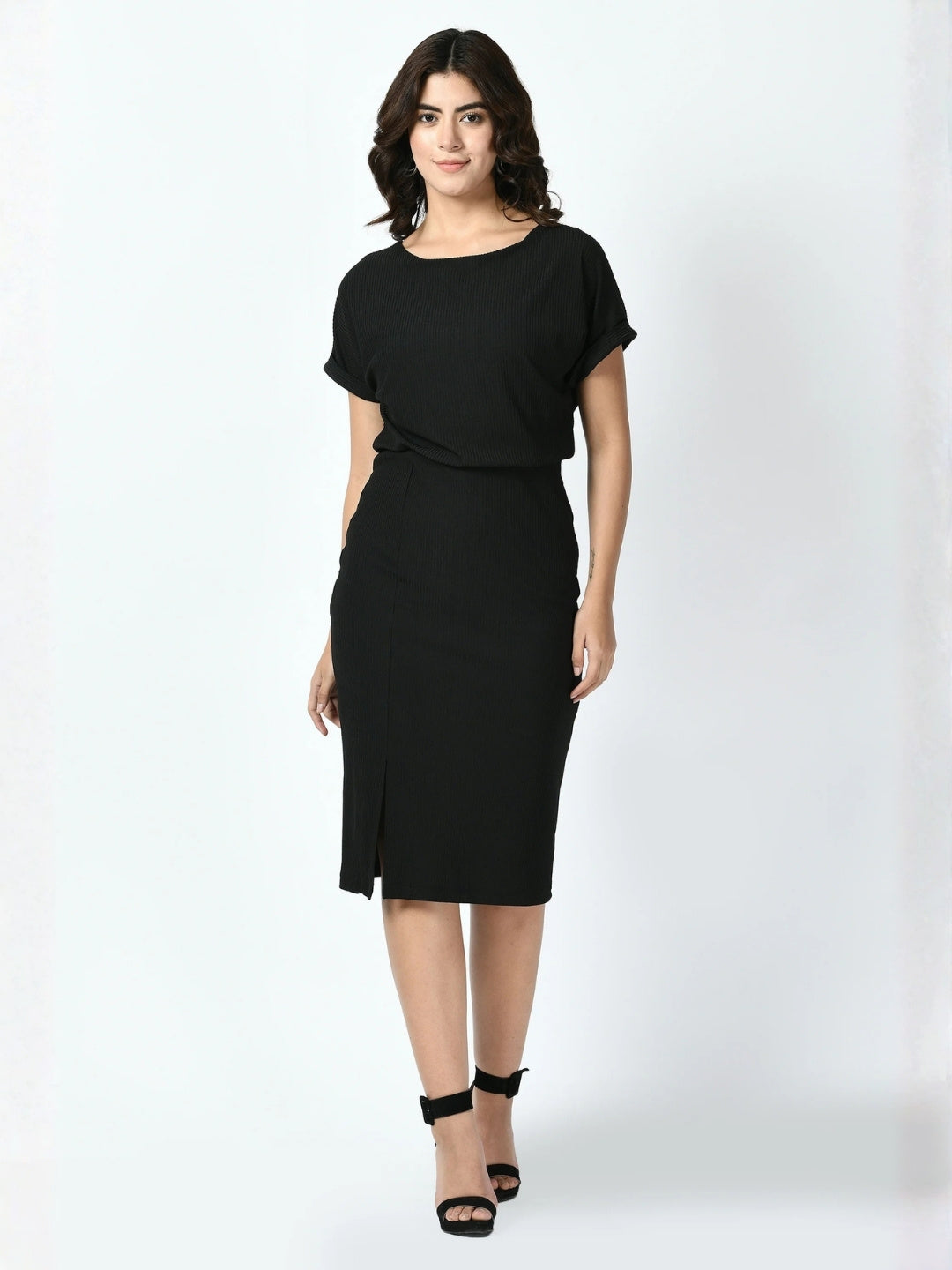 Exude Enigma Ribbed Blouson Dress Black Dresses