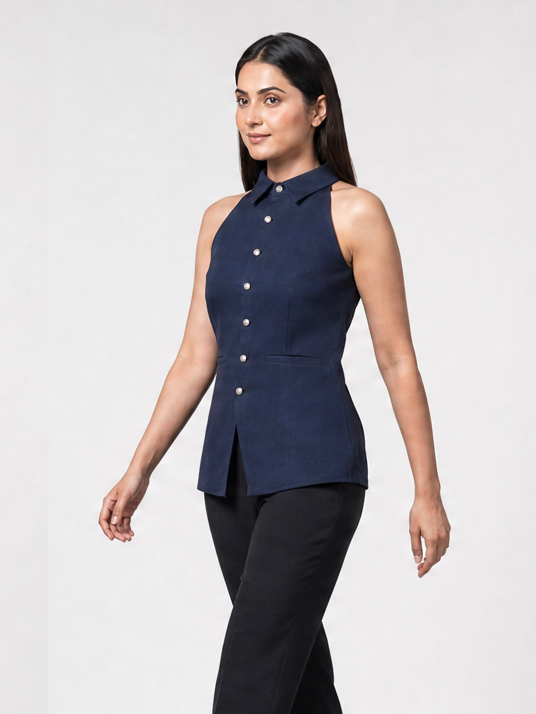 Navy Blue Halter Neck Button-Down Top