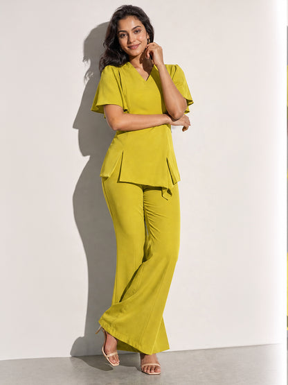 Lime Green Flutter Sleeve Top &amp; Flared Pants Co-ord Set