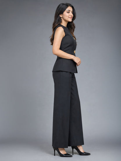 Black Asymmetric Waistcoat Top &amp; Wide Leg Trouser Co-ord Set with Gold Button Detail