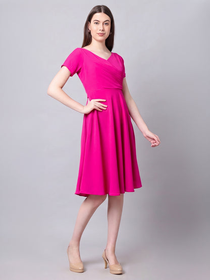 Exude Intrepid V-Neck Front Pleat Dress with Pockets (Fuchsia)