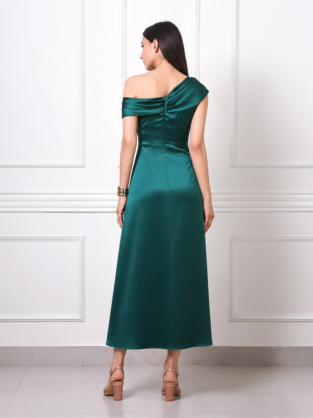 EXUDE Emerald Twist Off-Shoulder Satin Midi Dress