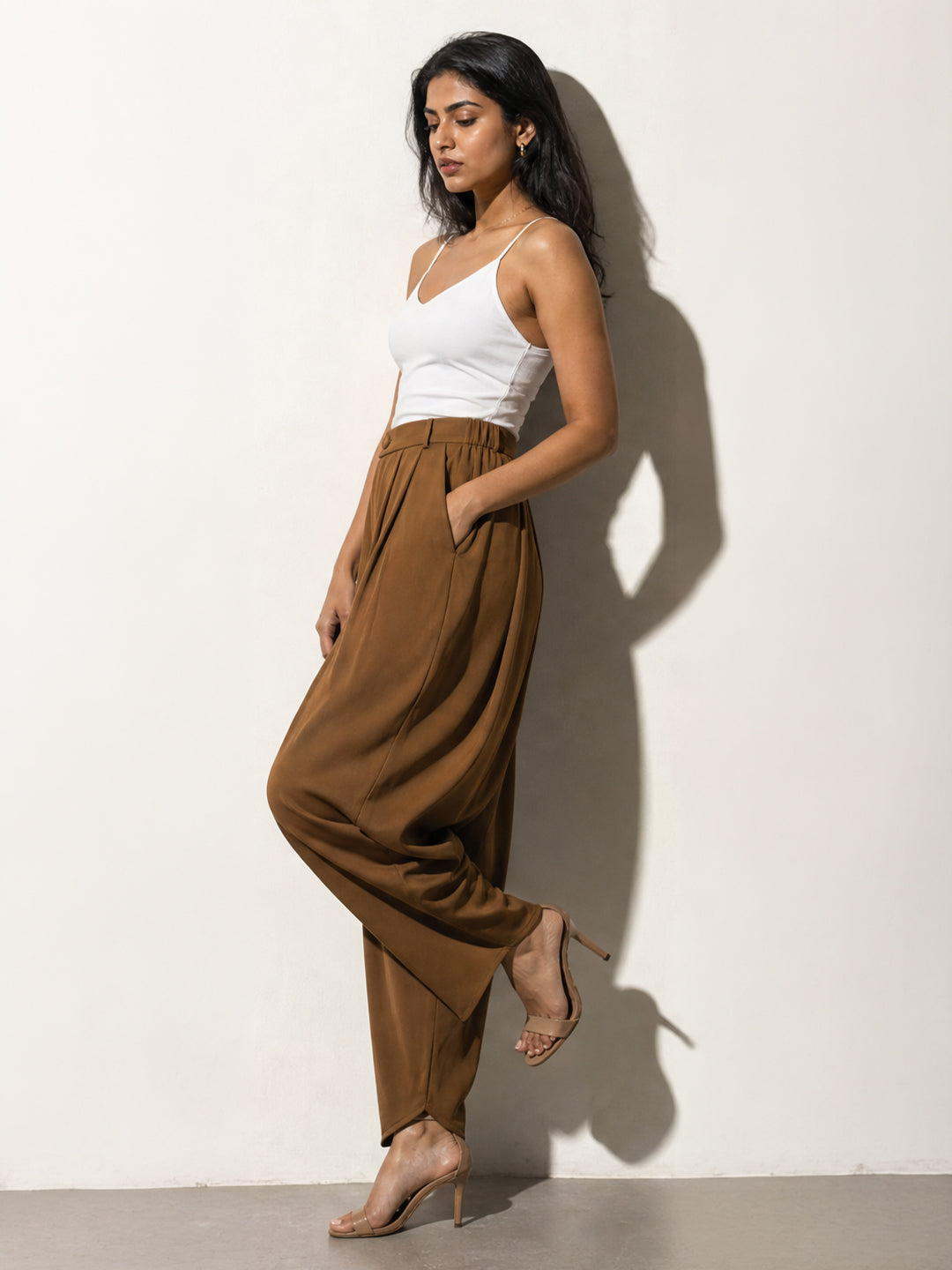 Brown Draped Balloon Trousers