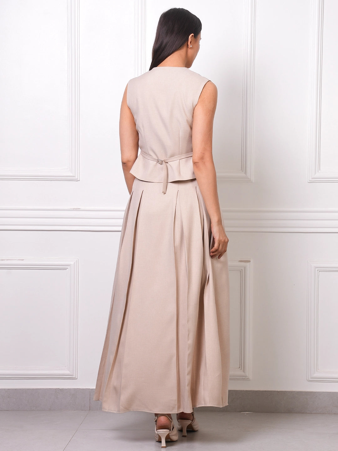 Beige Linen Pearl Button Vest &amp; Pleated Maxi Skirt Co-ord Set