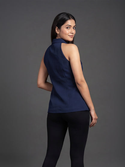Navy Blue Halter Neck Button-Down Top