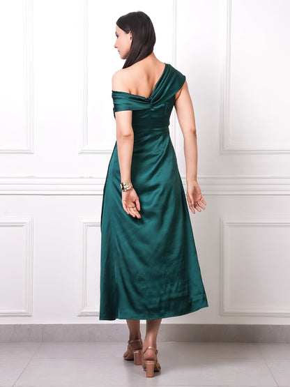 EXUE Emerald Twist Off-Shoulder Satin Midi Dress