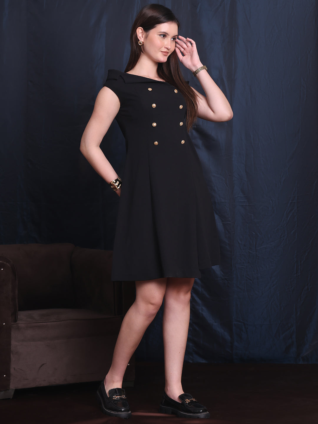 Exude Electric Elegance Black Off-Shoulder Collar A-line Dress