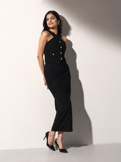 Exude Runway-Ready Long Skirt with Halter Top (Black)