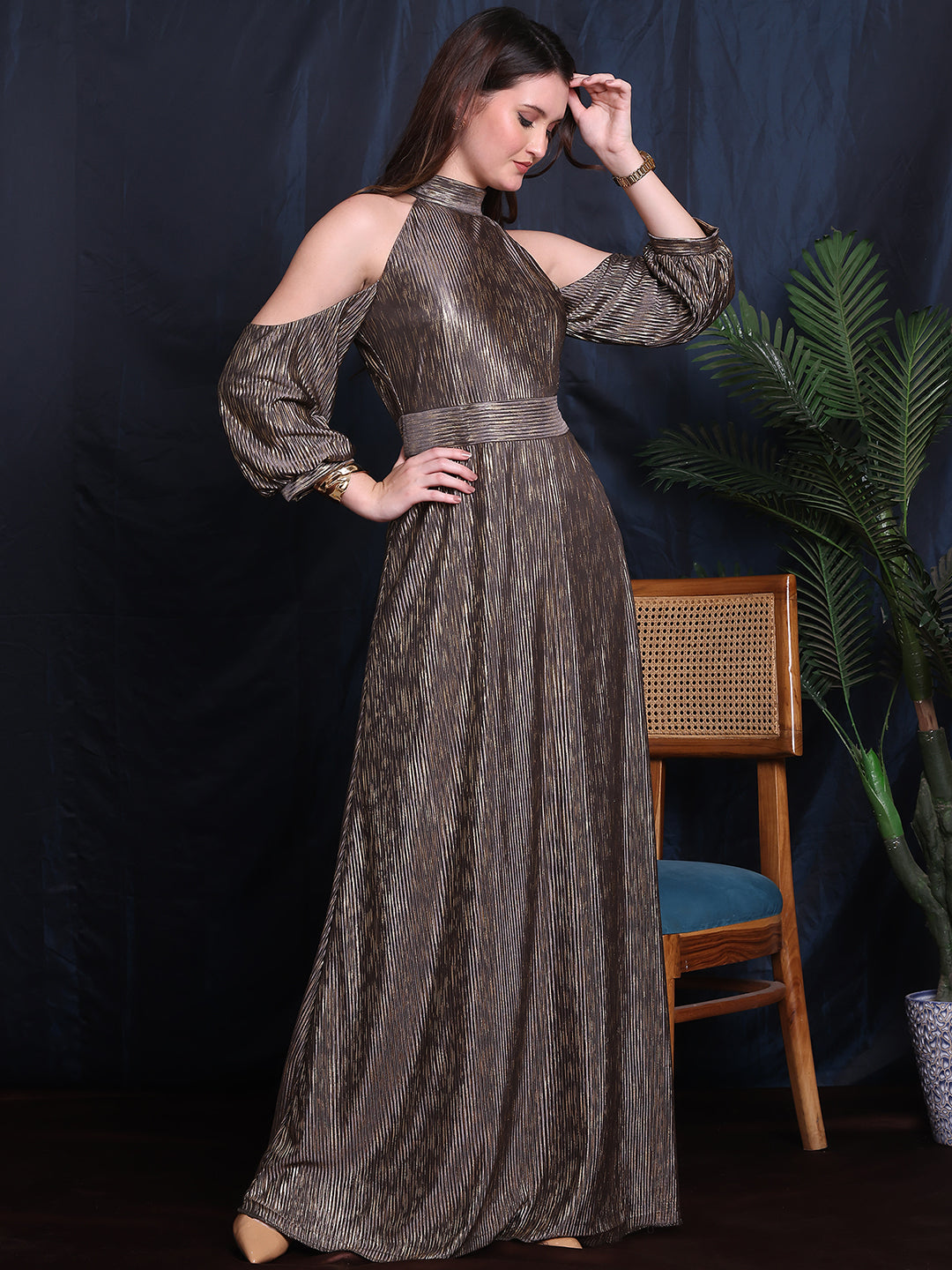 Exude Ethereal Glam Halter Gown With Hanging Sleeve