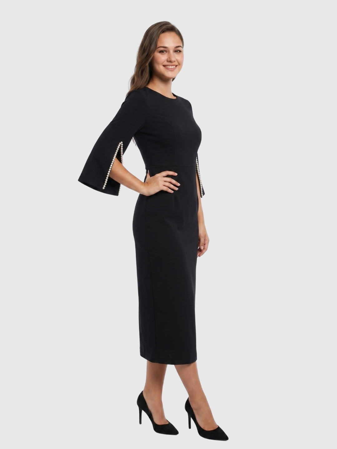Exude Midnight Grace Pearl Sleeve Midi Dress