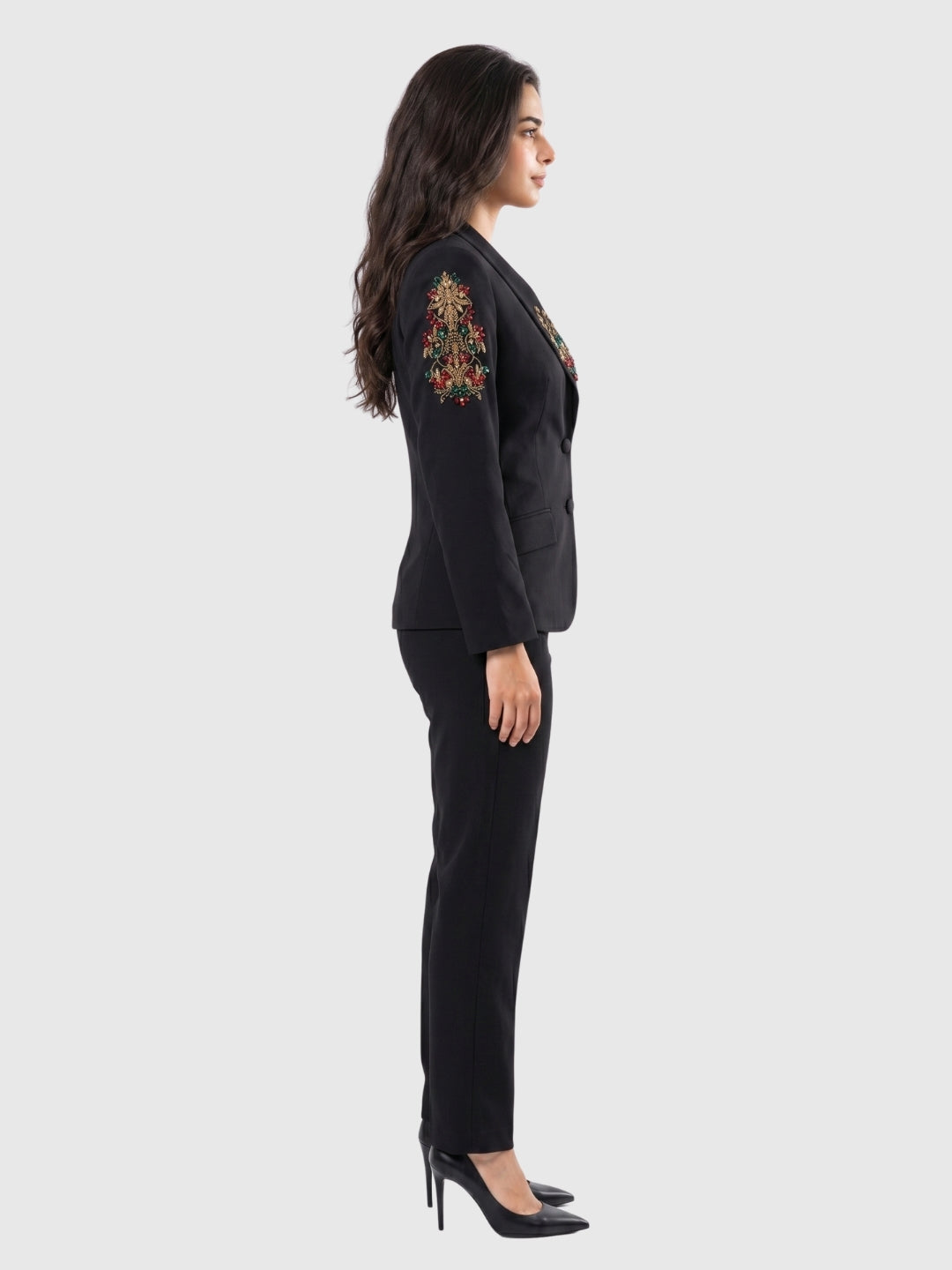Exude Noir Blossom Embroidered Pantsuit