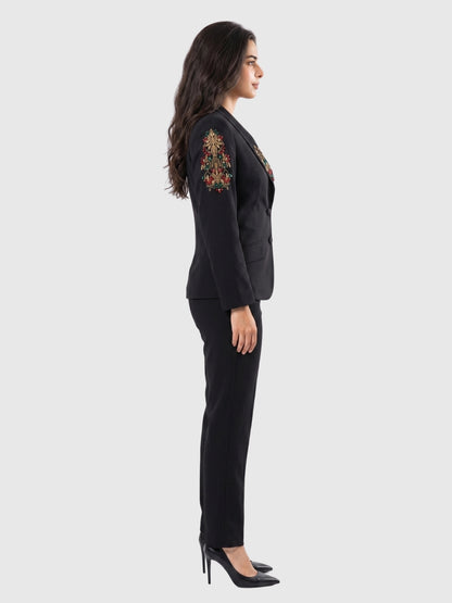 Exude Noir Blossom Embroidered Pantsuit
